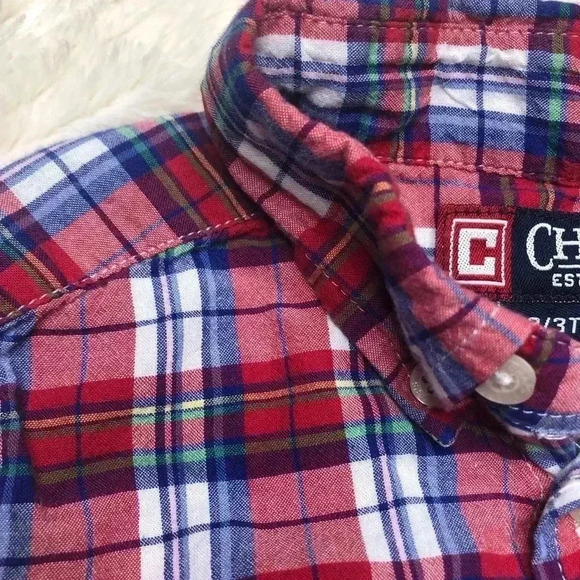 Chaps Collared Short Sleeved Plaid Shirt Red, White, & Blue Plaid  Size 4T - Picture 8 of 16